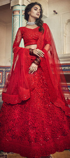 Red and Maroon color Lehenga in Net fabric with Embroidered, Thread work