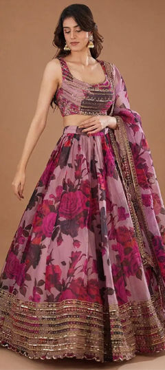 Pink and Majenta color Lehenga in Organza Silk fabric with Floral, Printed, Sequence, Zari work