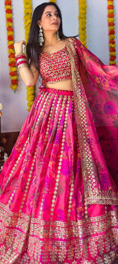 Pink and Majenta color Lehenga in Organza Silk fabric with Floral, Printed, Sequence, Zari work