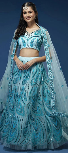 Blue color Lehenga in Net fabric with Embroidered, Sequence, Thread work