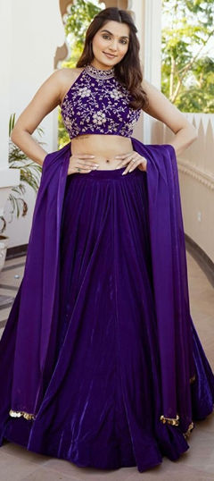Purple and Violet color Lehenga in Velvet fabric with Embroidered, Thread work