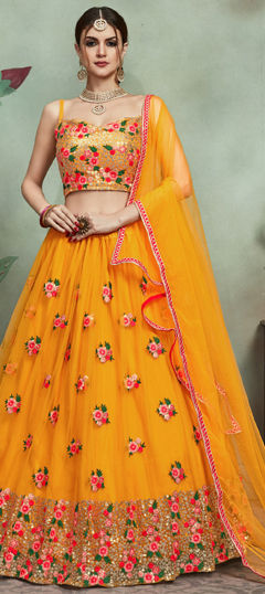Yellow color Lehenga in Net fabric with Embroidered, Sequence, Thread work