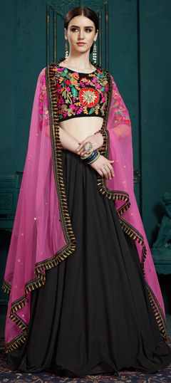 Black and Grey color Lehenga in Faux Georgette fabric with Embroidered, Sequence, Thread work