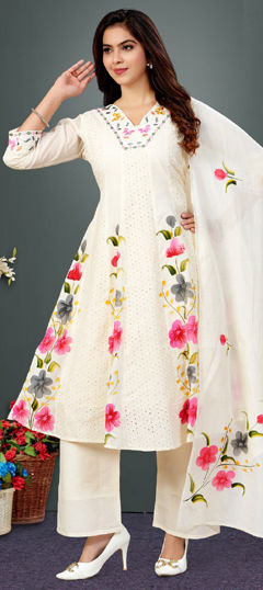 White and Off White color Salwar Kameez in Cotton Flex fabric with Embroidered, Floral, Printed, Resham work