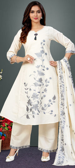White and Off White color Salwar Kameez in Cotton Flex fabric with Embroidered, Resham, Sequence, Thread work