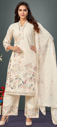 White and Off White color Salwar Kameez in Cotton Flex fabric with Embroidered, Resham, Sequence, Thread work