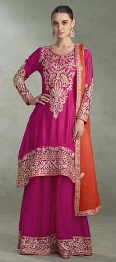Pink and Majenta color Salwar Kameez in Chinon Silk fabric with Embroidered, Thread work