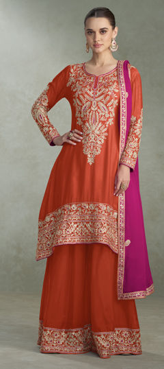 Beige and Brown color Salwar Kameez in Chinon Silk fabric with Embroidered, Thread work