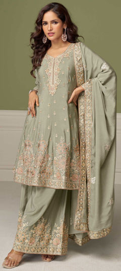 Green color Salwar Kameez in Chinon Silk fabric with Embroidered work