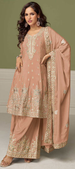 Beige and Brown color Salwar Kameez in Chinon Silk fabric with Embroidered work