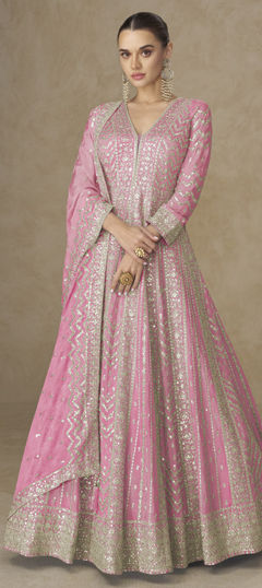 Pink and Majenta color Gown in Chinon Silk fabric with Embroidered, Sequence, Thread, Zari work