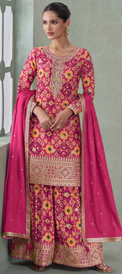 Pink and Majenta color Salwar Kameez in Chinon Silk fabric with Embroidered, Printed, Zari work