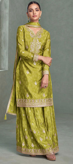 Green color Salwar Kameez in Chinon Silk fabric with Embroidered, Printed, Zari work