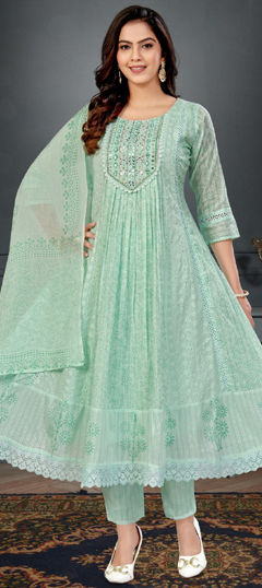 Blue color Salwar Kameez in Cotton Flex fabric with Embroidered, Mirror, Printed work
