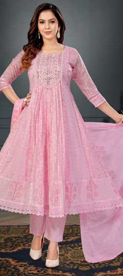 Pink and Majenta color Salwar Kameez in Cotton Flex fabric with Embroidered, Mirror, Printed work