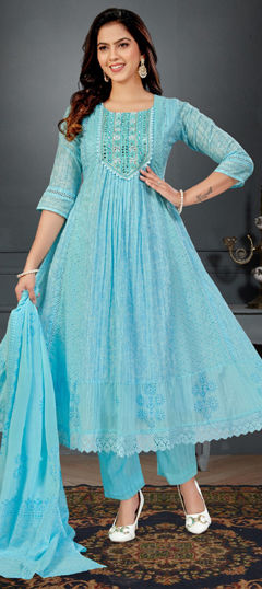 Blue color Salwar Kameez in Cotton Flex fabric with Embroidered, Mirror, Printed work