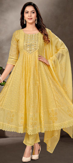 Yellow color Salwar Kameez in Cotton Flex fabric with Embroidered, Mirror, Printed work