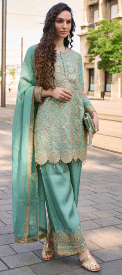 Green color Salwar Kameez in Shimmer fabric with Embroidered, Mirror, Sequence work