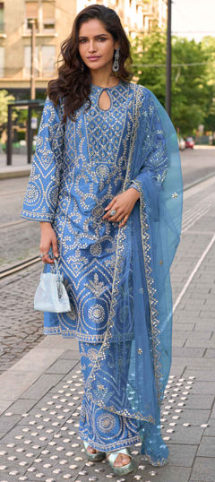 Blue color Salwar Kameez in Shimmer fabric with Embroidered, Mirror, Sequence work