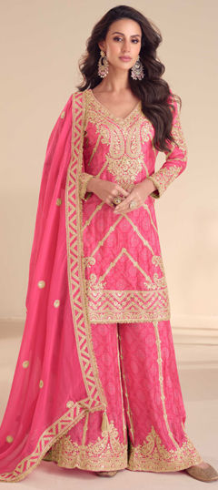 Pink and Majenta color Salwar Kameez in Chinon Silk fabric with Digital Print, Embroidered, Mirror, Sequence, Zari work