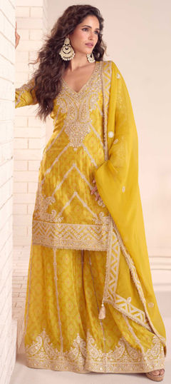 Yellow color Salwar Kameez in Chinon Silk fabric with Digital Print, Embroidered, Mirror, Sequence, Zari work