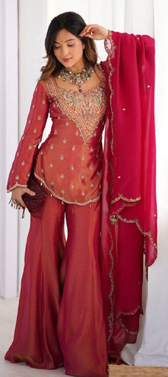 Pink and Majenta color Salwar Kameez in Shimmer fabric with Embroidered work