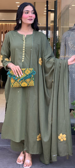 Green color Salwar Kameez in Chanderi Silk fabric with Embroidered, Thread work
