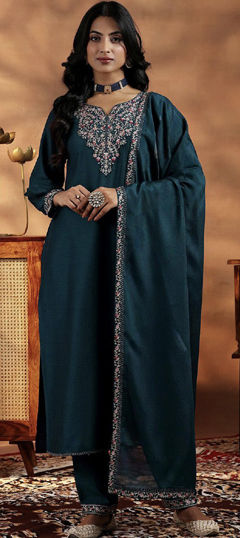 Blue color Salwar Kameez in Silk fabric with Embroidered, Thread work