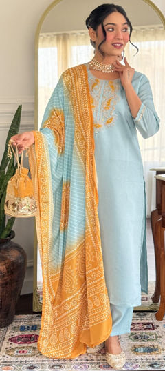 Blue color Salwar Kameez in Chanderi Silk fabric with Embroidered, Thread work