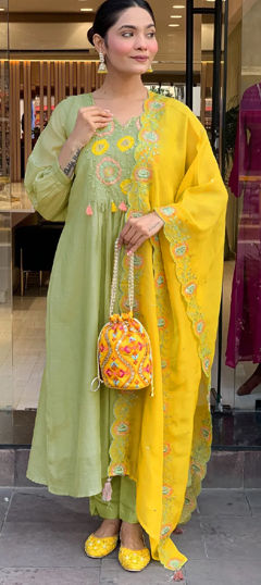Green color Salwar Kameez in Silk fabric with Embroidered, Thread work