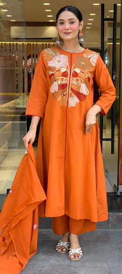 Orange color Salwar Kameez in Chanderi Silk fabric with Embroidered, Thread work