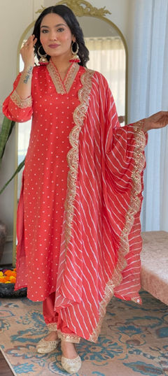 Red and Maroon color Salwar Kameez in Muslin fabric with Embroidered, Printed, Thread work
