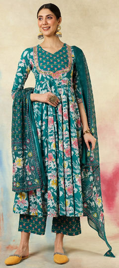 Green color Salwar Kameez in Cotton fabric with Embroidered, Printed, Thread work