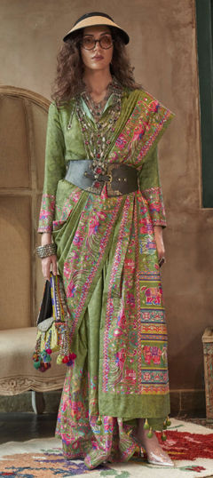 Green color Saree in Viscose fabric with Printed work