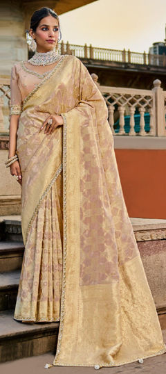 Pink and Majenta color Saree in Tissue, Viscose fabric with Bugle Beads, Weaving work