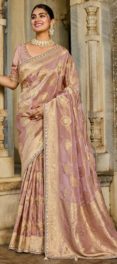Pink and Majenta color Saree in Tissue, Viscose fabric with Bugle Beads, Weaving work