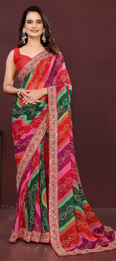 Multicolor color Saree in Georgette fabric with Bandhej, Border, Printed work
