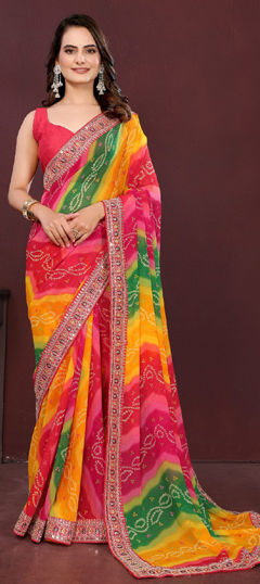 Multicolor color Saree in Georgette fabric with Bandhej, Border, Printed work