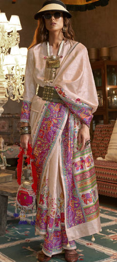 Beige and Brown color Saree in Viscose fabric with Printed work