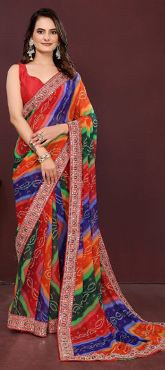 Multicolor color Saree in Georgette fabric with Bandhej, Border, Printed work