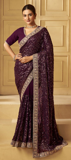 Purple and Violet color Readymade Saree in Georgette fabric with Stone, Thread work