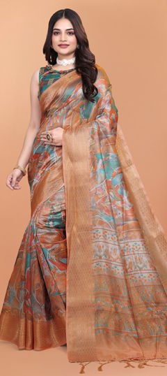Orange color Saree in Blended, Silk fabric with Printed work