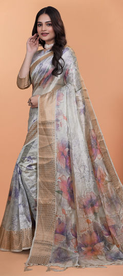 Black and Grey color Saree in Blended, Silk fabric with Printed work