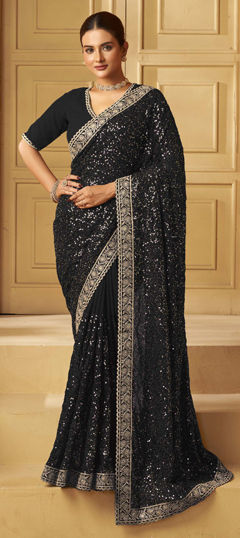 Black and Grey color Readymade Saree in Georgette fabric with Stone, Thread work