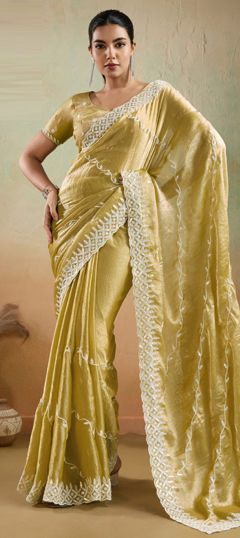 Gold color Saree in Chiffon fabric with Embroidered, Resham, Thread work