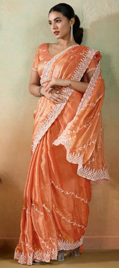 Orange color Saree in Chiffon fabric with Embroidered, Resham, Thread work