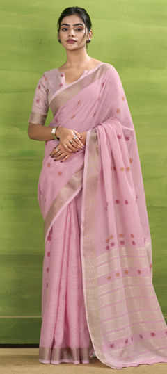 Pink and Majenta color Saree in Linen fabric with Weaving work