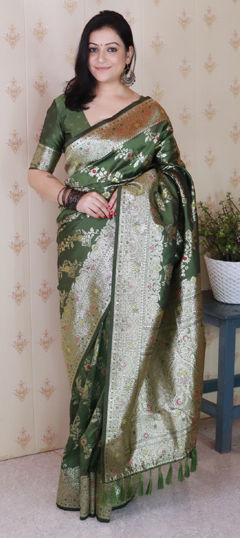Green color Saree in Banarasi Silk fabric with Weaving work