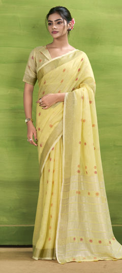 Yellow color Saree in Linen fabric with Weaving work