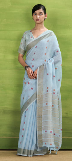 Blue color Saree in Linen fabric with Weaving work